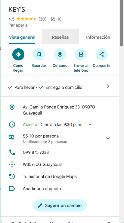 Captura de información de KEY'S en Google Maps